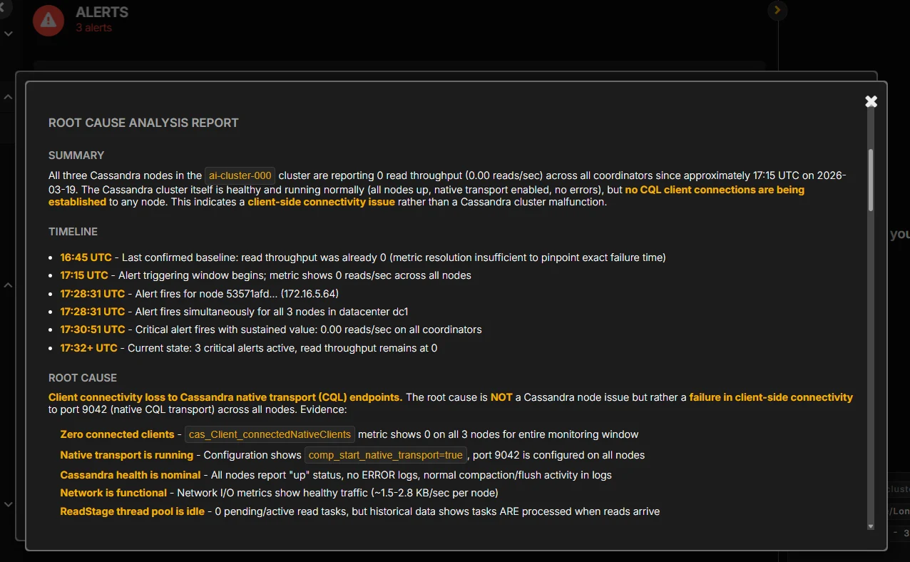 AxonOps alert screen showing a completed AI-assisted root cause analysis for a Cassandra coordinator read throughput alert